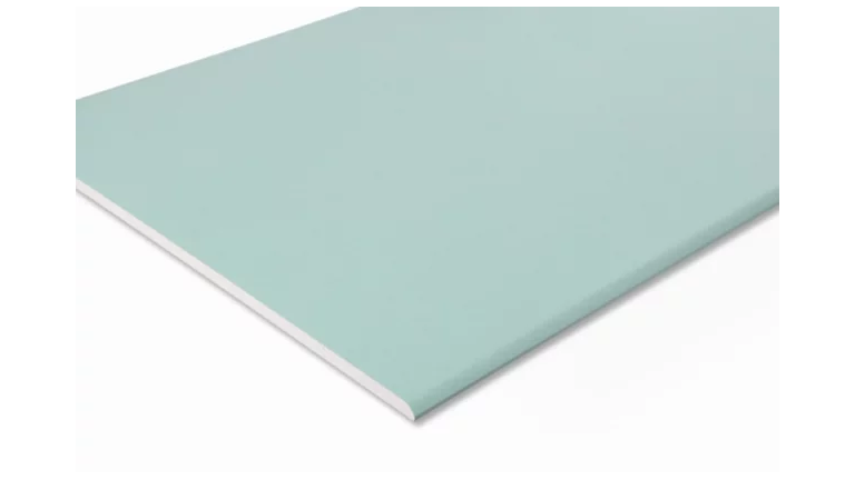 Hellgrüne Gipskartonplatte mit weißem Kern.